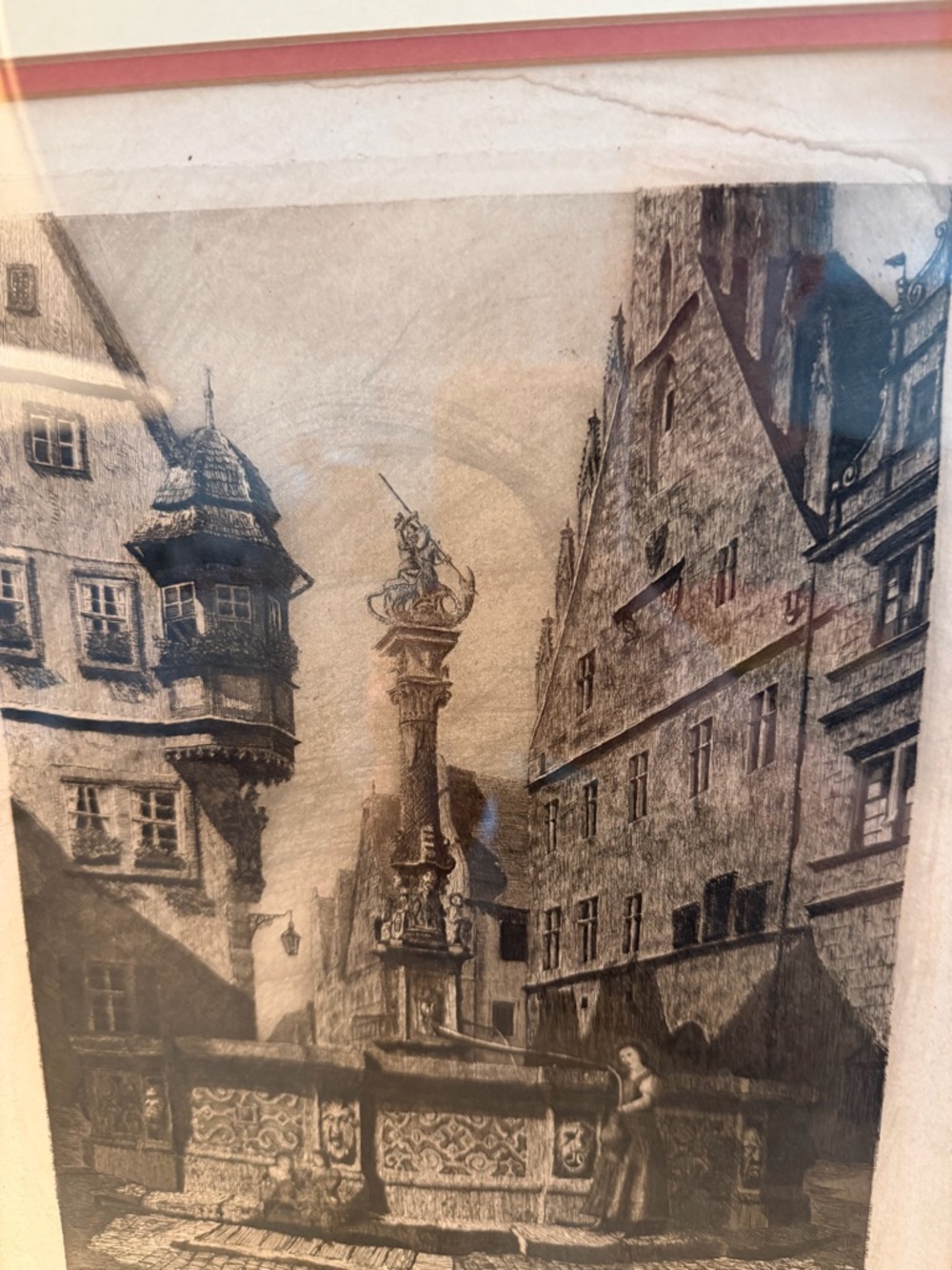 Original Rothenburg Artwork St. George Fountain Signed Framed 12x15” Image - Picture 2 of 11